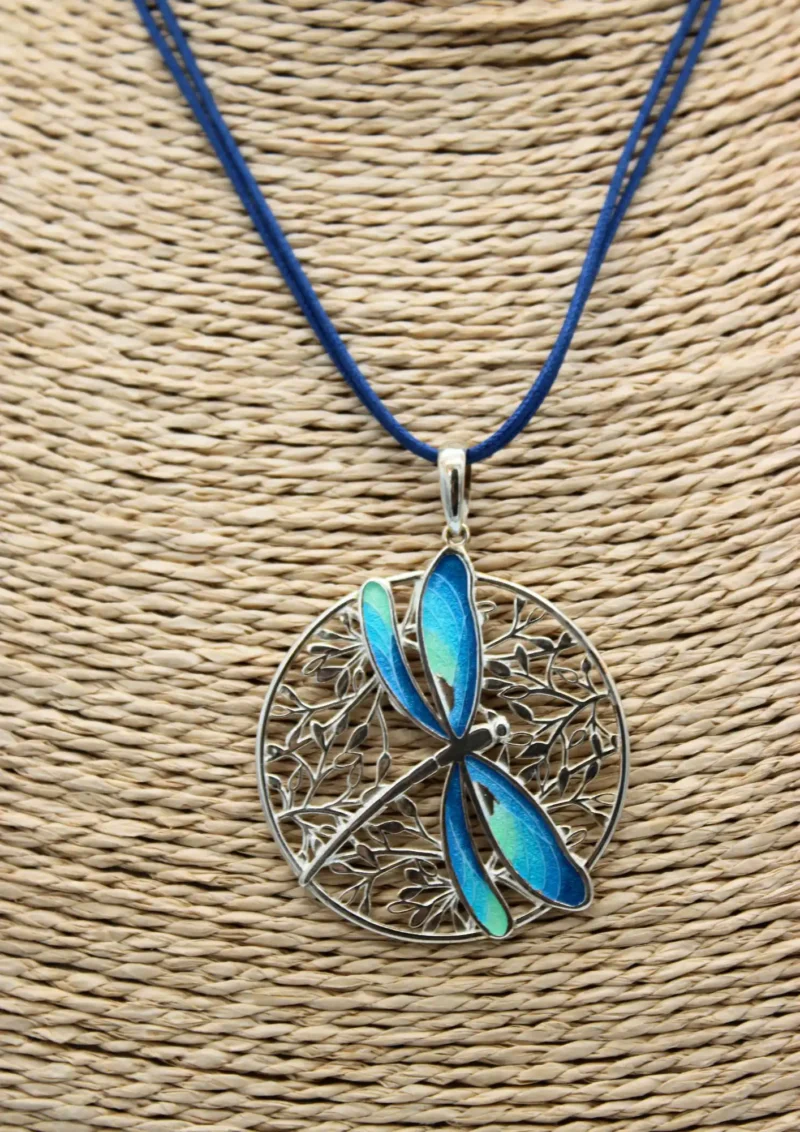 COLGANTE GRANDE PLATA DE LEY ART NOUVEAU LIBÉLULA AZUL