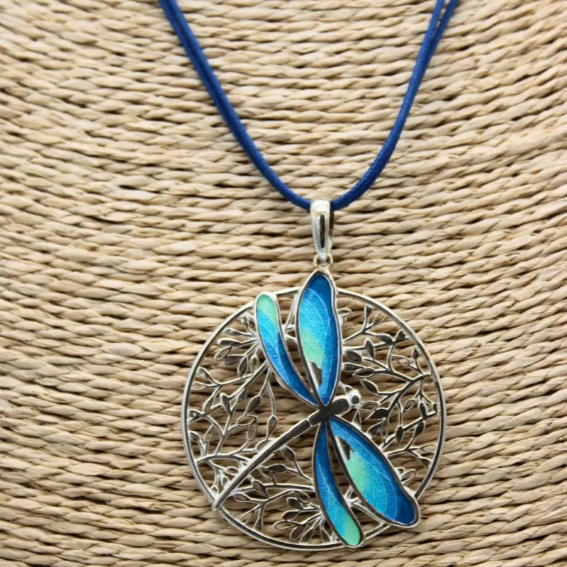 COLGANTE GRANDE PLATA DE LEY ART NOUVEAU LIBÉLULA AZUL