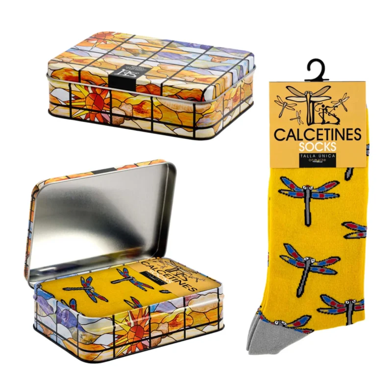 CALCETINES AMARILLOS LIBÉLULA CON CAJA METÁLICA