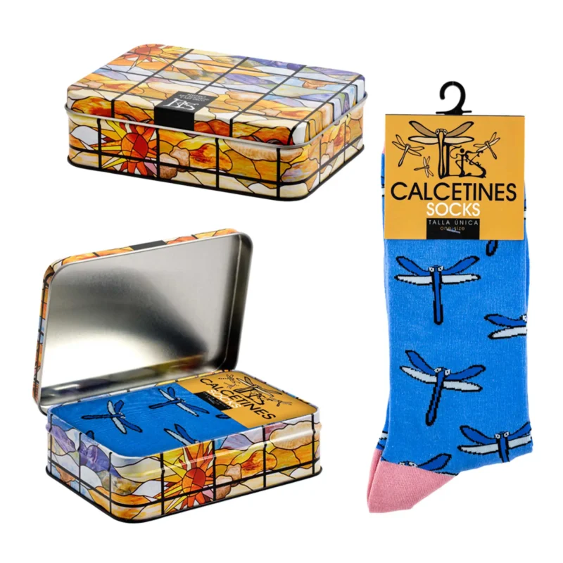 CALCETINES AZULES LIBÉLULA CON CAJA METÁLICA